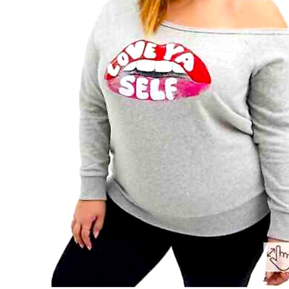 Torrid Grey Off The Shoulder‎ “Love Ya Self “ Woman’s 70% Cotton Sweater 1X